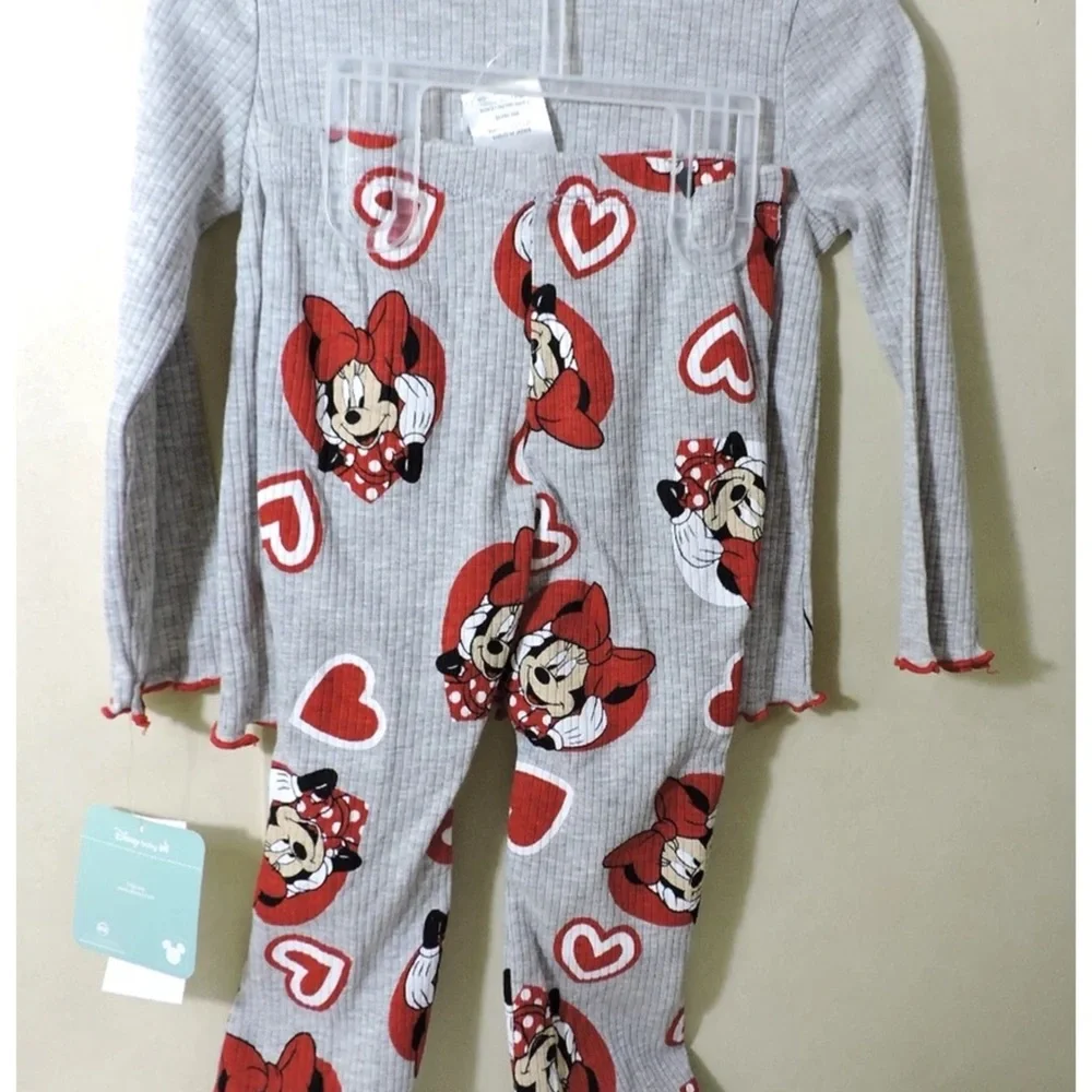 Disney Minnie Mouse Gray and Red Heart Pajama Set size 24 months NEW